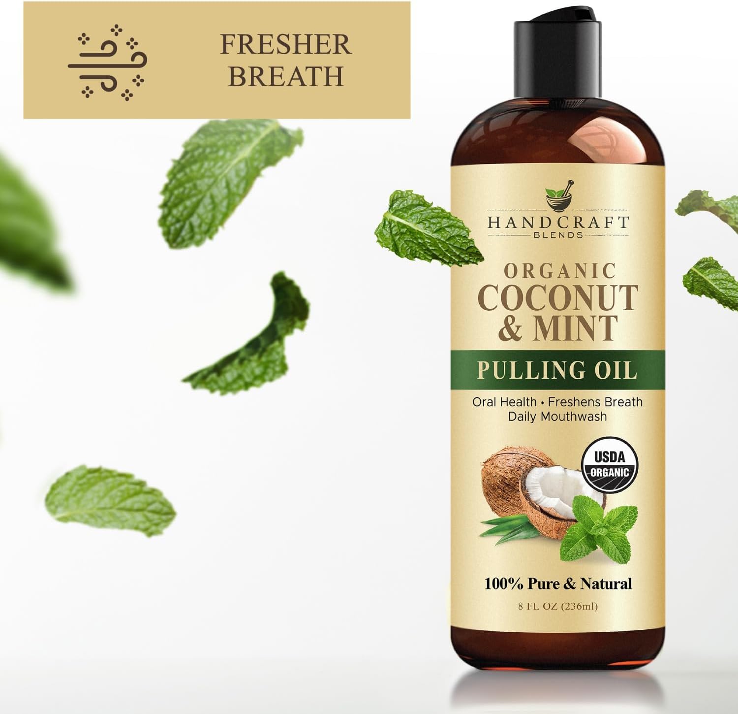 Coconut Oil Pulling for Teeth and Gums with Peppermint Oil - Organic Coconut Oil Pulling Oil Mouthwash for Fresh Breath, Oral Health and Cleaner Teeth and Gums - 8 Fl Oz
