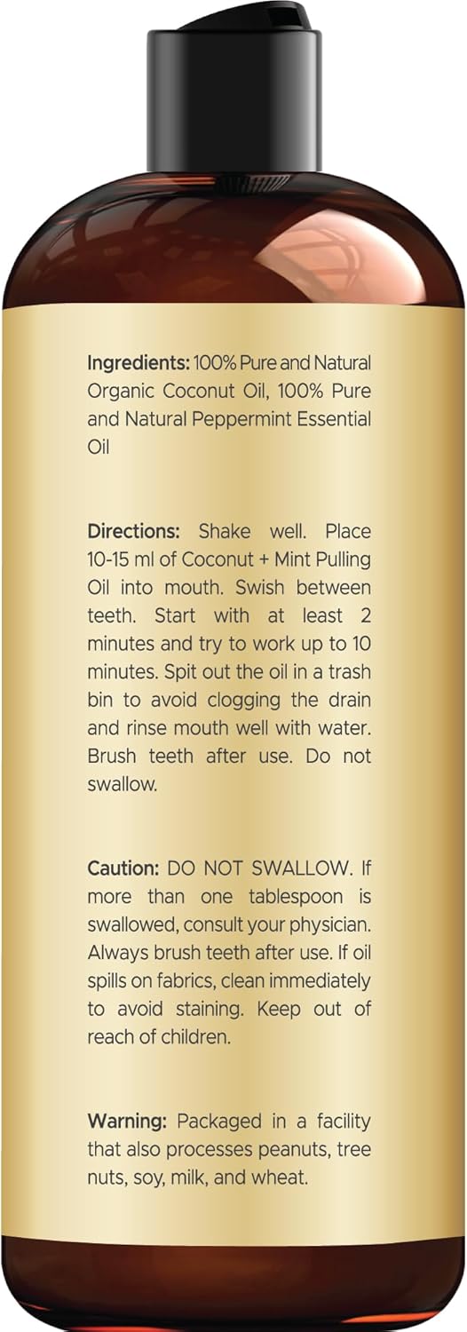 Coconut Oil Pulling for Teeth and Gums with Peppermint Oil - Organic Coconut Oil Pulling Oil Mouthwash for Fresh Breath, Oral Health and Cleaner Teeth and Gums - 8 Fl Oz
