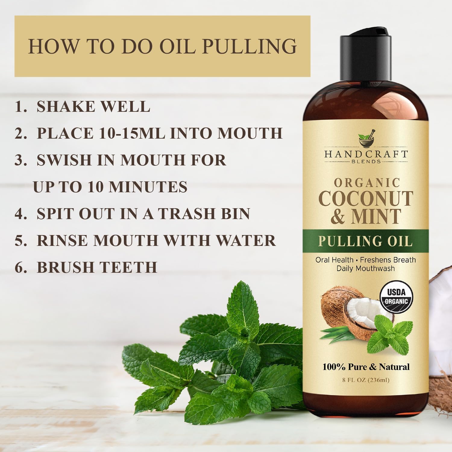 Coconut Oil Pulling for Teeth and Gums with Peppermint Oil - Organic Coconut Oil Pulling Oil Mouthwash for Fresh Breath, Oral Health and Cleaner Teeth and Gums - 8 Fl Oz