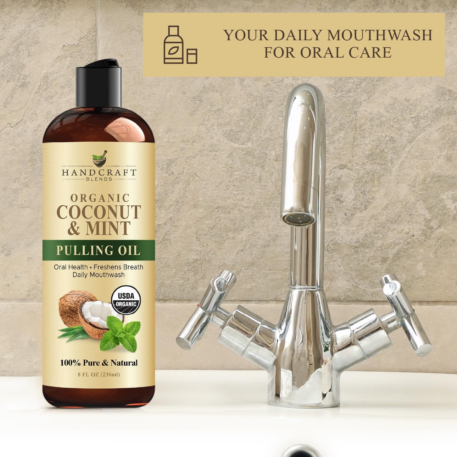 Coconut Oil Pulling for Teeth and Gums with Peppermint Oil - Organic Coconut Oil Pulling Oil Mouthwash for Fresh Breath, Oral Health and Cleaner Teeth and Gums - 8 Fl Oz