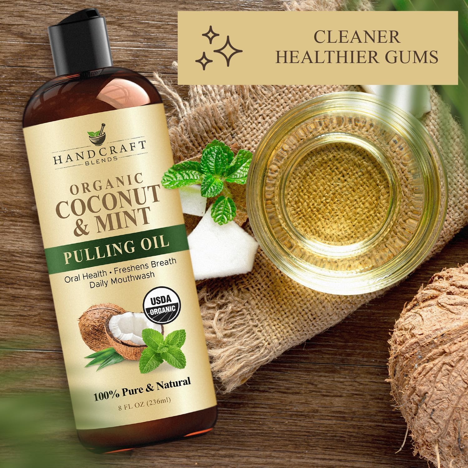 Coconut Oil Pulling for Teeth and Gums with Peppermint Oil - Organic Coconut Oil Pulling Oil Mouthwash for Fresh Breath, Oral Health and Cleaner Teeth and Gums - 8 Fl Oz